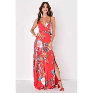 Lulus Still The One Red Floral Print Satin Maxi Dress - Size M